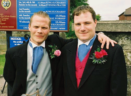 gareth and charlie outside church